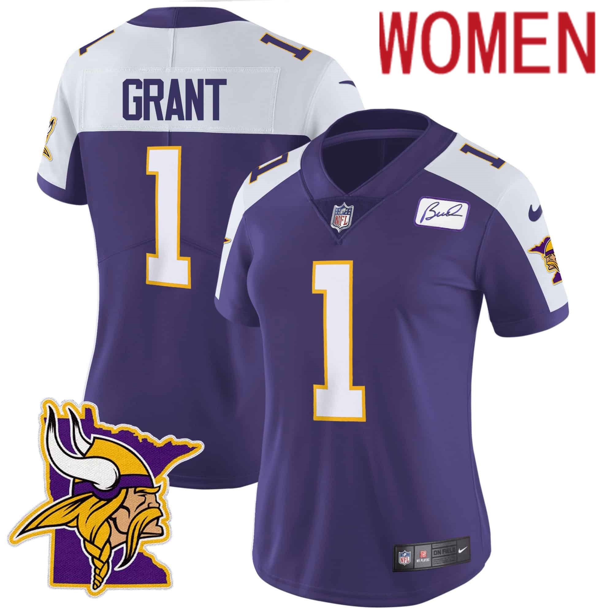 Women Minnesota Vikings 1 Grant Purple 2024 Nike Patch Classic Limited NFL Jersey